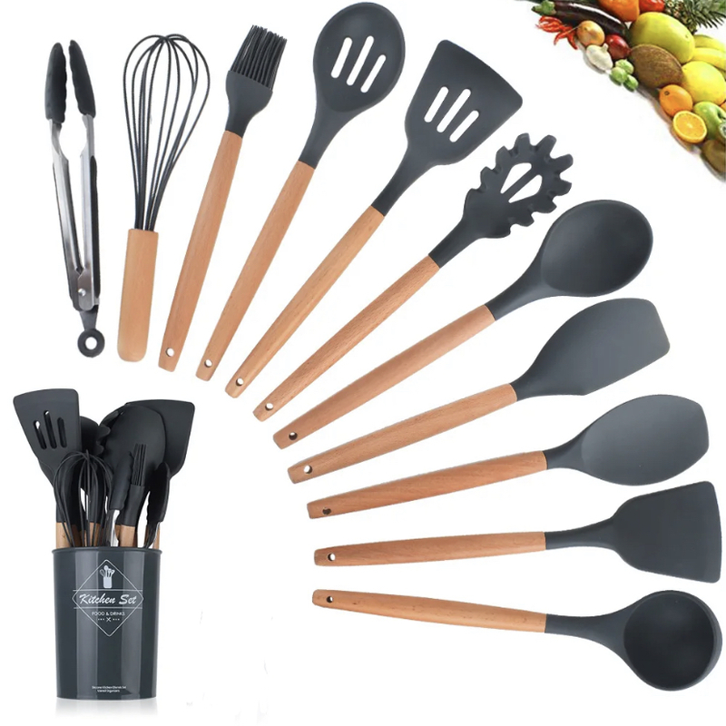 12 Pcs Silicone Kitchen Utensils Set with Wood Handle and Plastic Holder